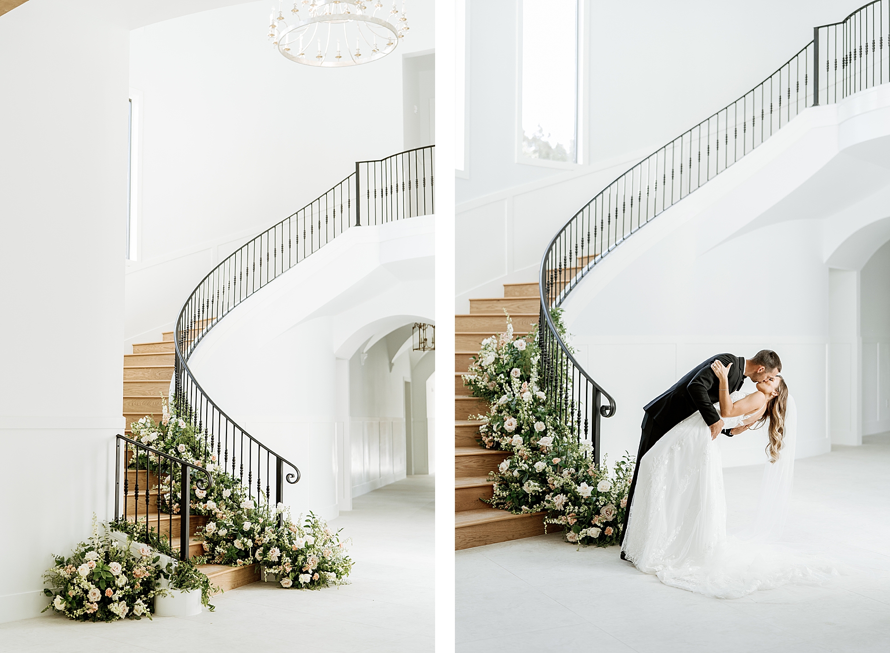 Grand staircase with floral installs on wedding day | Reiley and Rose | Central Texas Wedding Floral Designer | The Preserve at Canyon Lake Wedding Venue | classic wedding inspiration, chic wedding, pink wedding color scheme | via reileyandrose.com