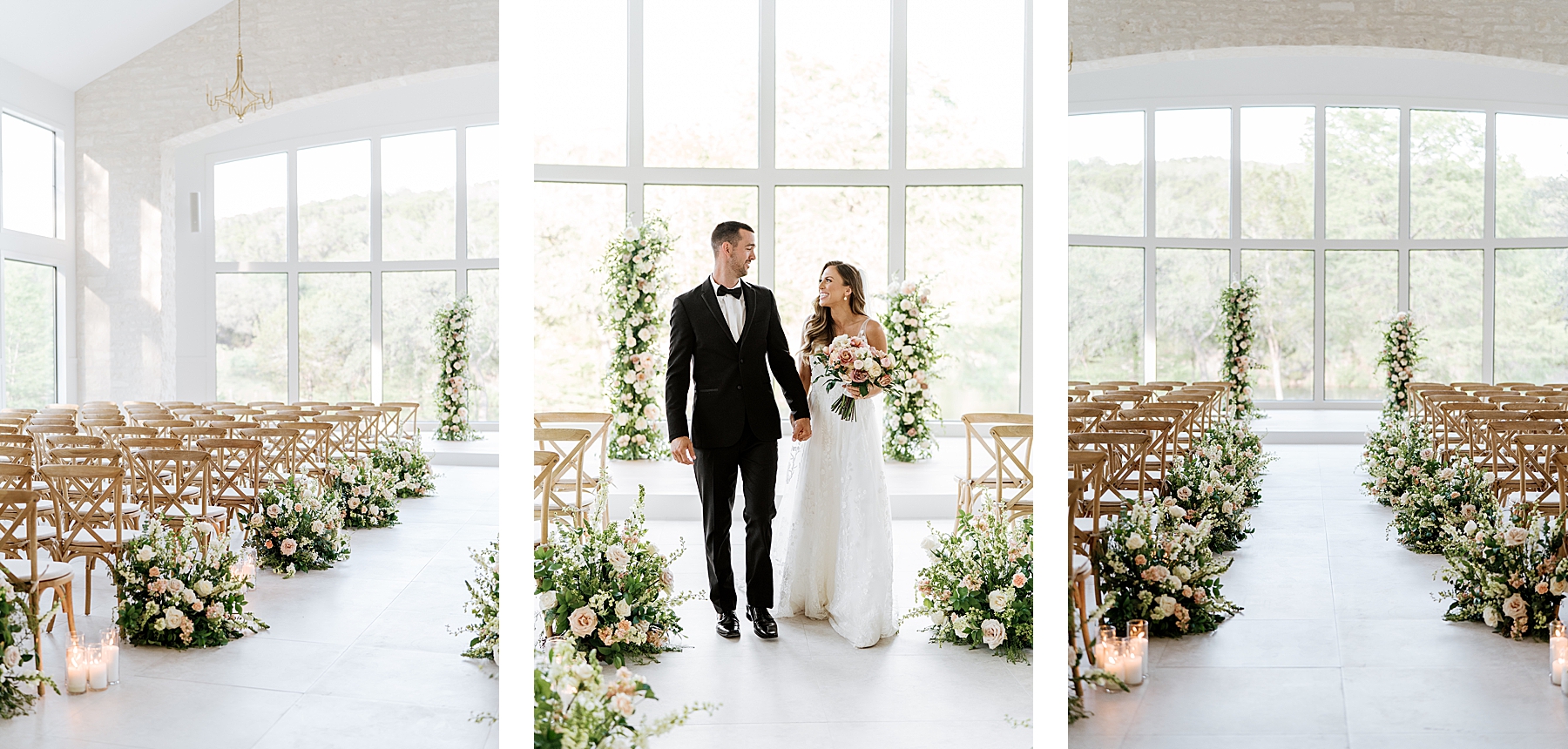 Couple walking down the aisle at Texas Hill Country wedding chapel | Reiley and Rose | Central Texas Wedding Floral Designer | The Preserve at Canyon Lake Wedding Venue | classic wedding inspiration, chic wedding, pink wedding color scheme | via reileyandrose.com