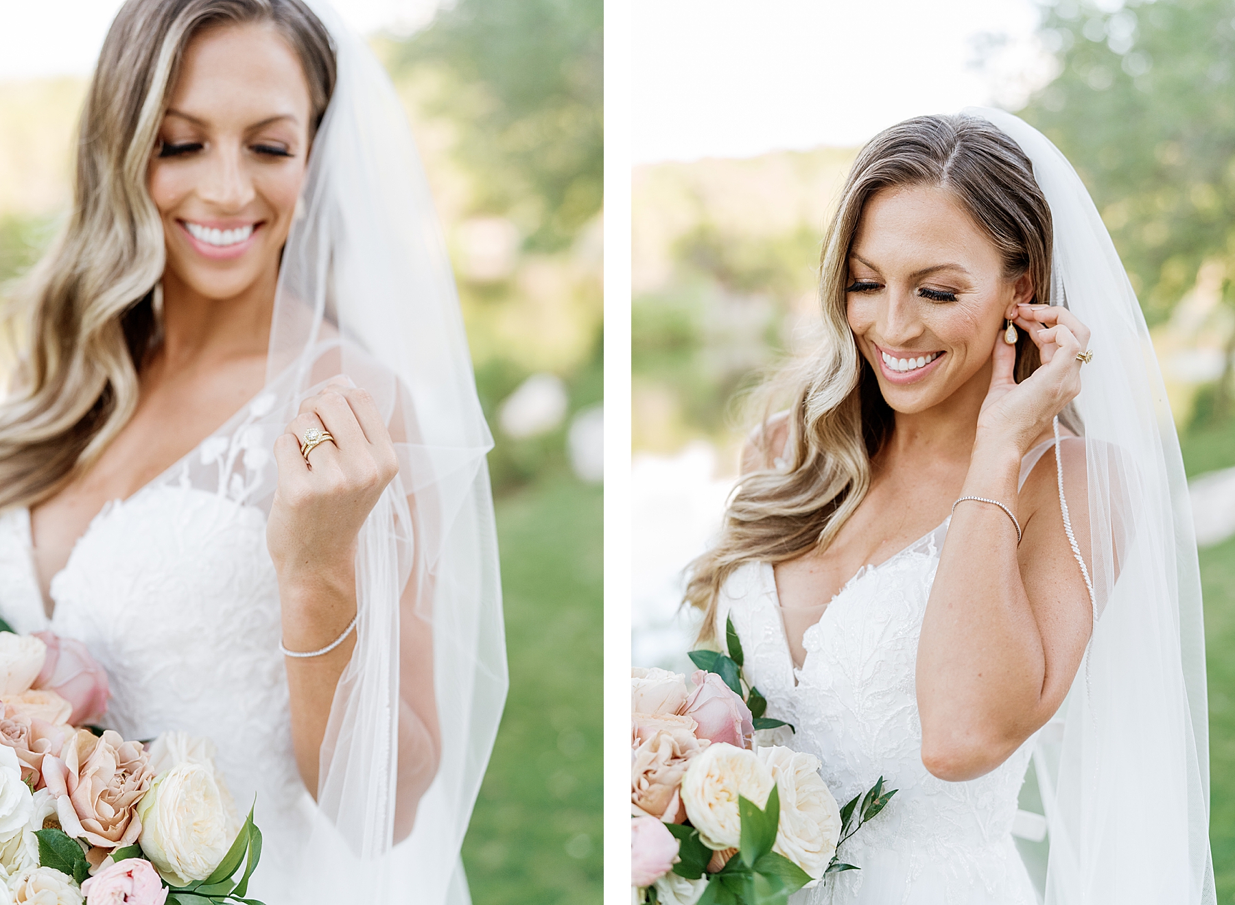 bride on wedding day smiling down at jewelry | Reiley and Rose | Central Texas Wedding Floral Designer | The Preserve at Canyon Lake Wedding Venue | classic wedding inspiration, chic wedding, pink wedding color scheme | via reileyandrose.com