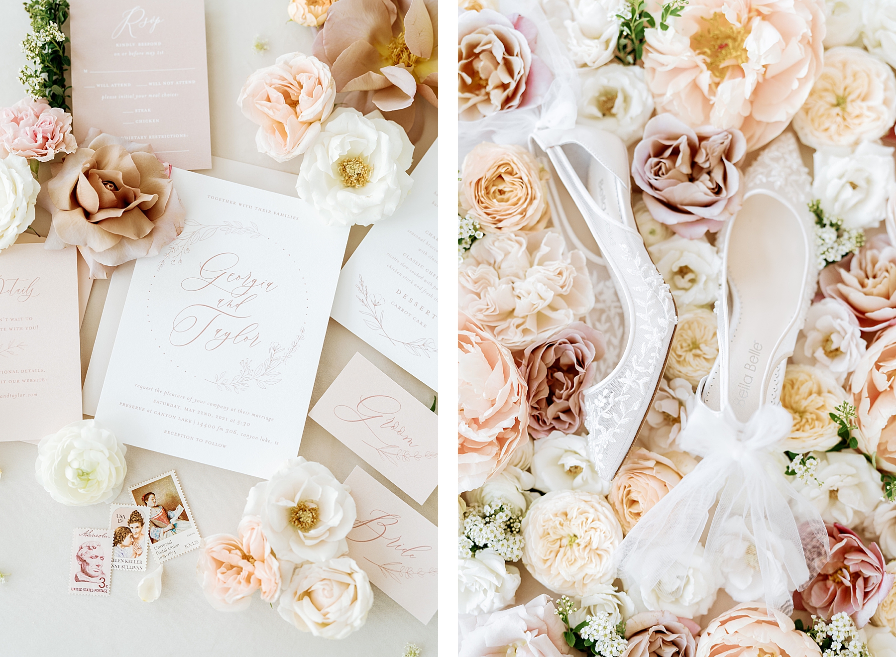 Wedding stationery and bridal shoes surrounded by florals in wedding detail photos | Reiley and Rose | Central Texas Wedding Floral Designer | The Preserve at Canyon Lake Wedding Venue | classic wedding inspiration, chic wedding, pink wedding color scheme | via reileyandrose.com