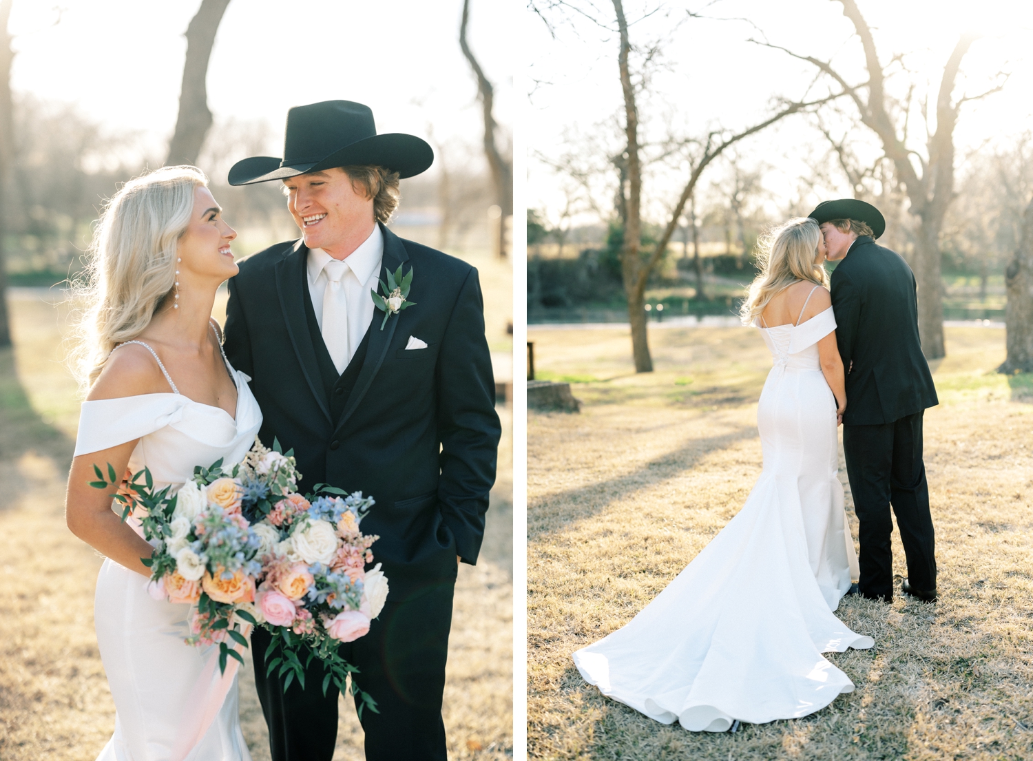 Bride and Groom Portraits on Wedding Day with Groom in Black Cowboy Hat | Reiley and Rose | Central Texas Floral Designer | Luling, TX Wedding | Western Wedding, pastel wedding, Cinderella wedding inspo, ideas for beauty and the beast wedding | via reileyandrose.com