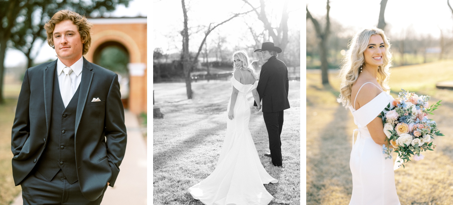 Bride and Groom Portraits on Wedding Day with Groom in Black Cowboy Hat | Reiley and Rose | Central Texas Floral Designer | Luling, TX Wedding | Western Wedding, pastel wedding, Cinderella wedding inspo, ideas for beauty and the beast wedding | via reileyandrose.com