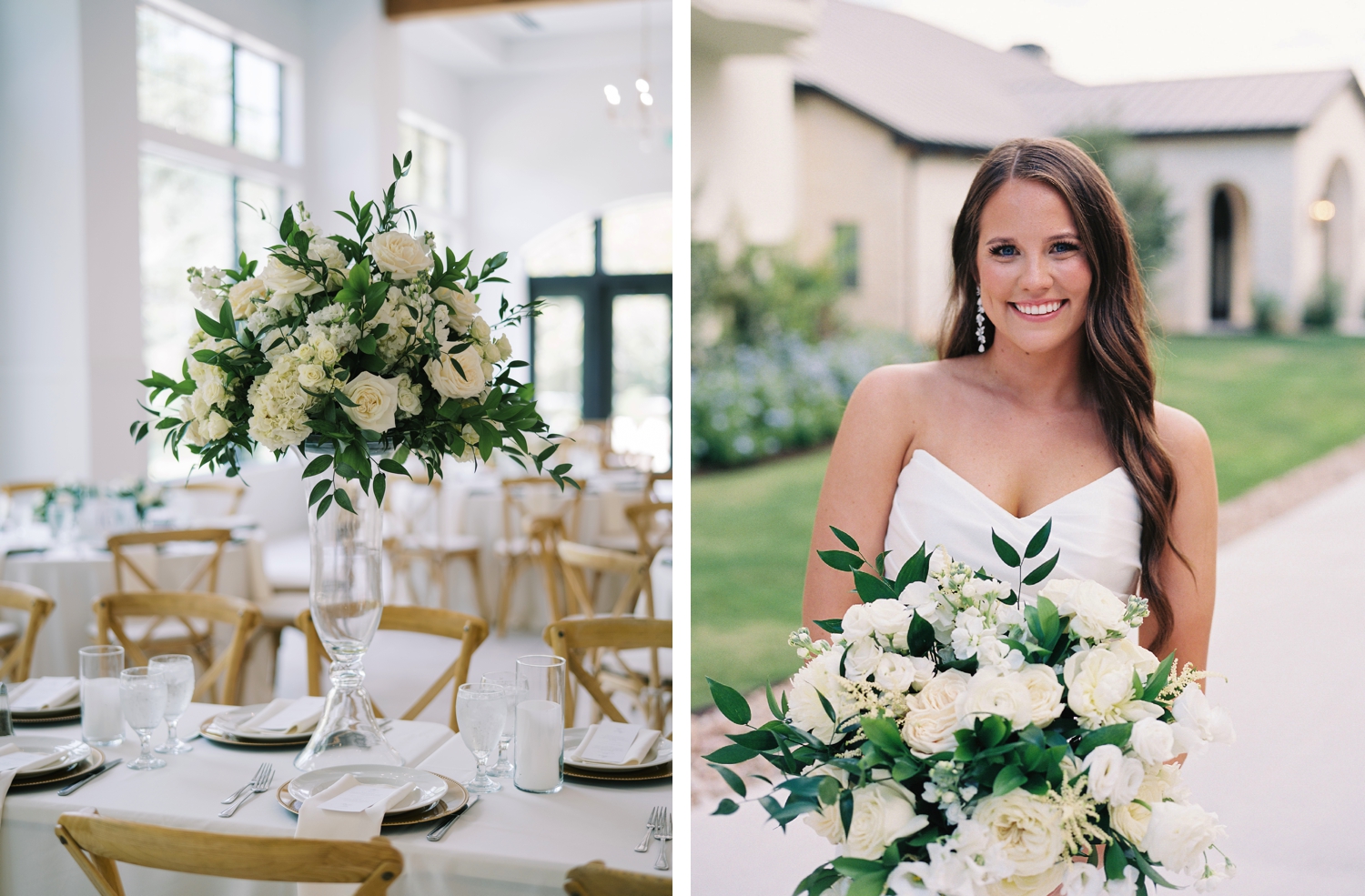 All-white bridal bouquet and head table floral arrangements | The Preserve at Canyon Lake