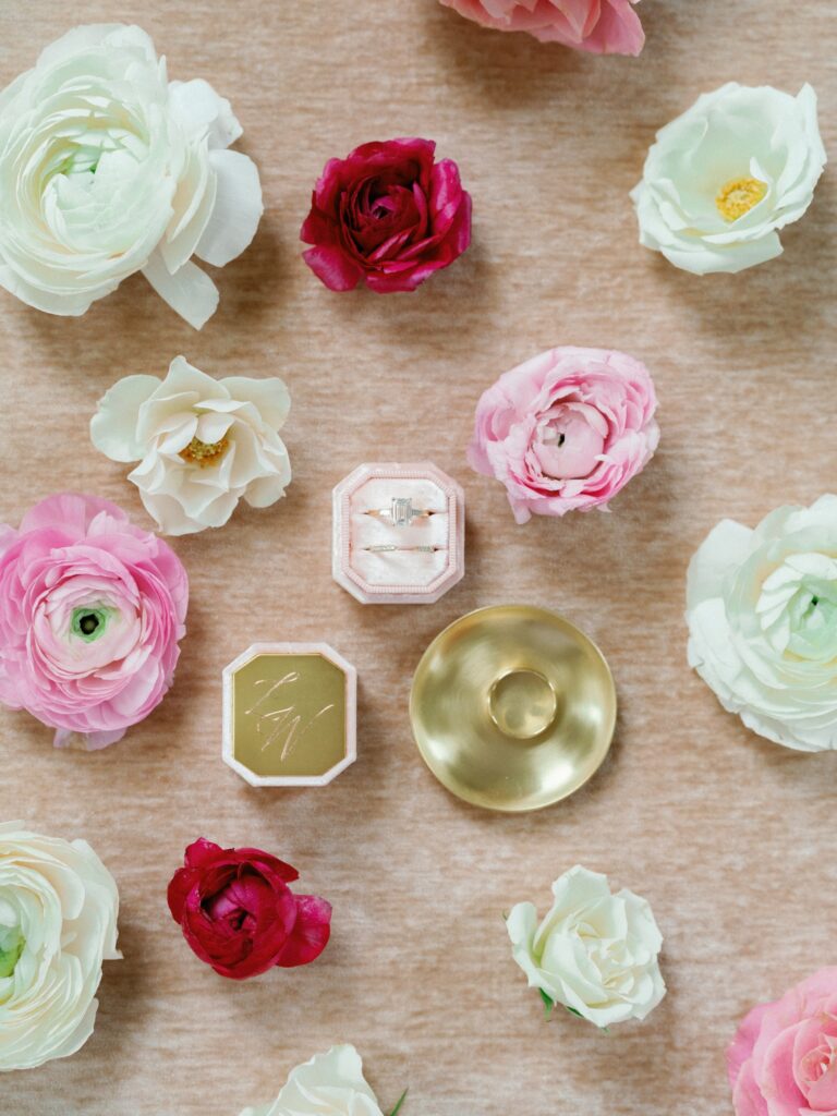 Wedding detail photos with pink and white flowers and rings. | Austin Wedding Floral Designer | Reiley + Rose
