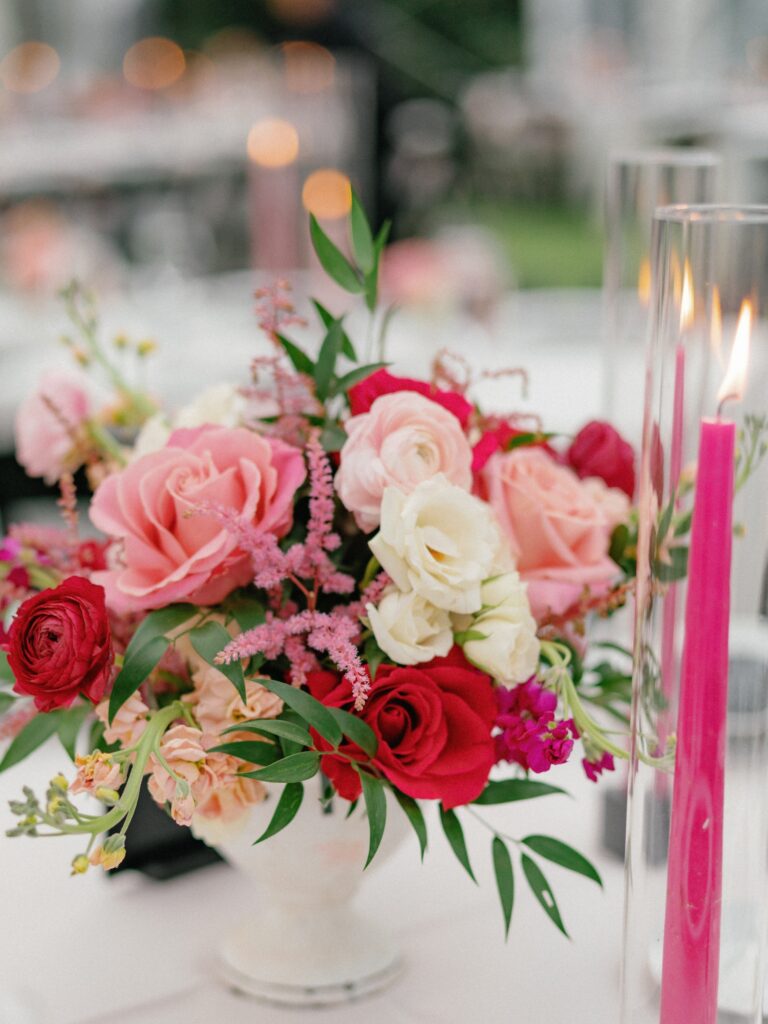 White and pink floral compote centerpieces for Austin, TX wedding at Woodbine Mansion. | Austin Wedding Floral Designer | Reiley + Rose