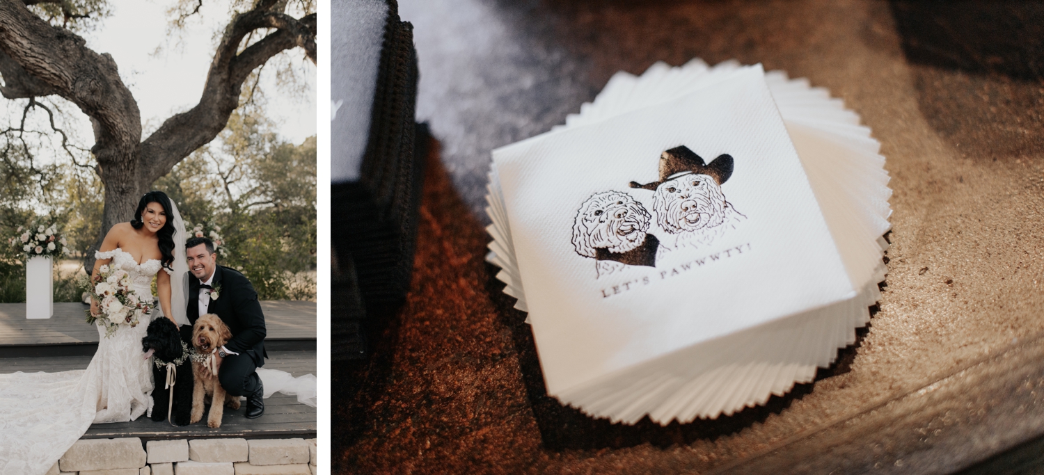 Pets on a wedding day with bride and groom and portrait on napkins. | Texas Hill Country Fall Wedding | Central Texas Wedding Floral Designer