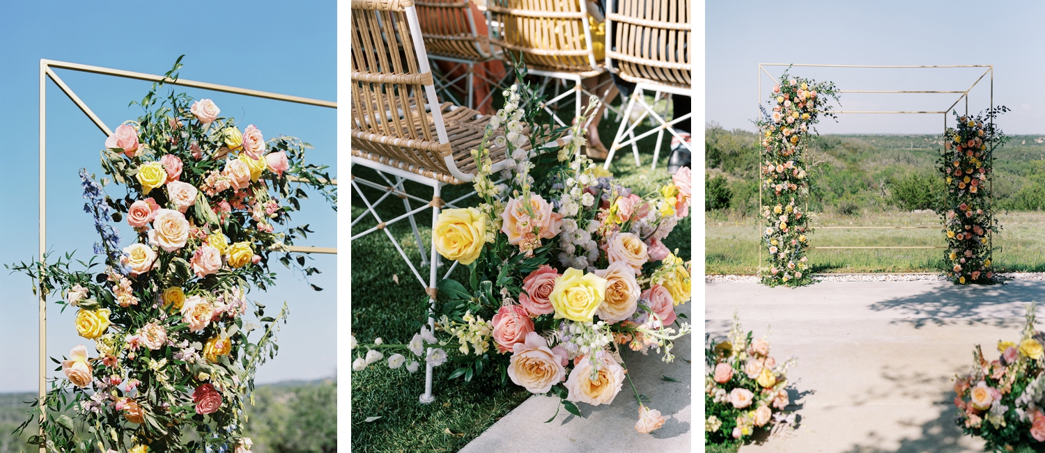 Wedding ceremony floral installation with bright and colorful florals at Mae's Ridge in Austin, Texas | Reiley + Rose | Central Texas Floral Designer