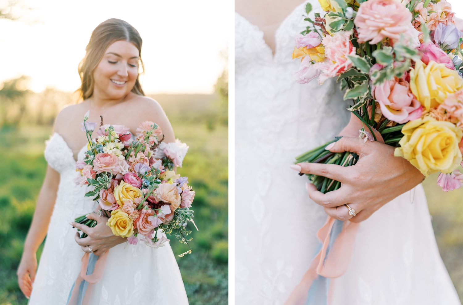 Bright and colorful wedding day at Mae's Ridge in Austin, Texas. Colorful pink and yellow florals, mismatched bridesmaid dresses and all of the little details make this intimate wedding day perfect! | Reiley + Rose | Central Texas Floral Designer