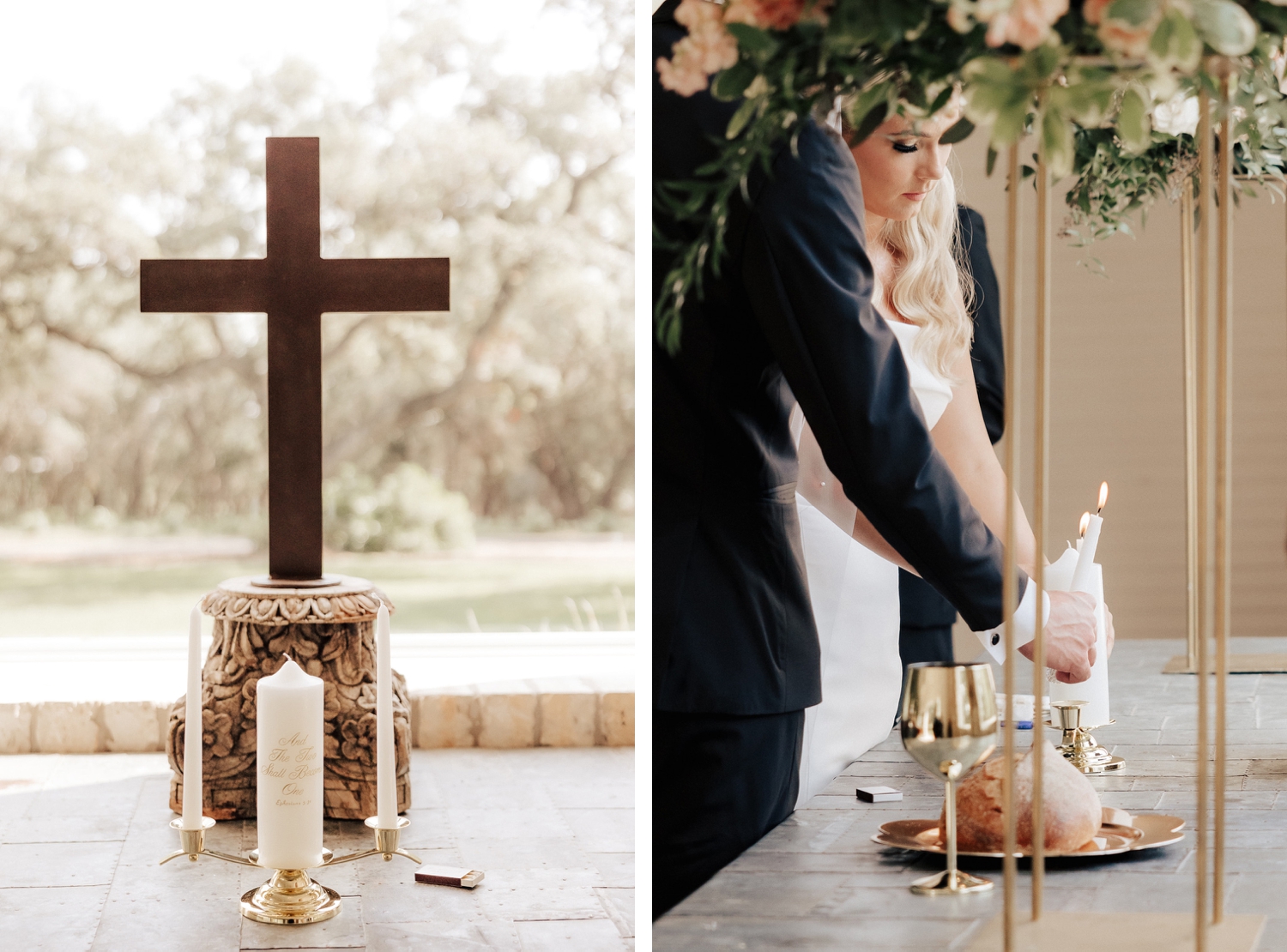 Bride and Groom Lighting a Unity Candle on Wedding Day at The Chandelier of Gruene Chapel | Creating a Wedding Ceremony Unique to You | Central Texas Floral Wedding Designer | Reiley + Rose