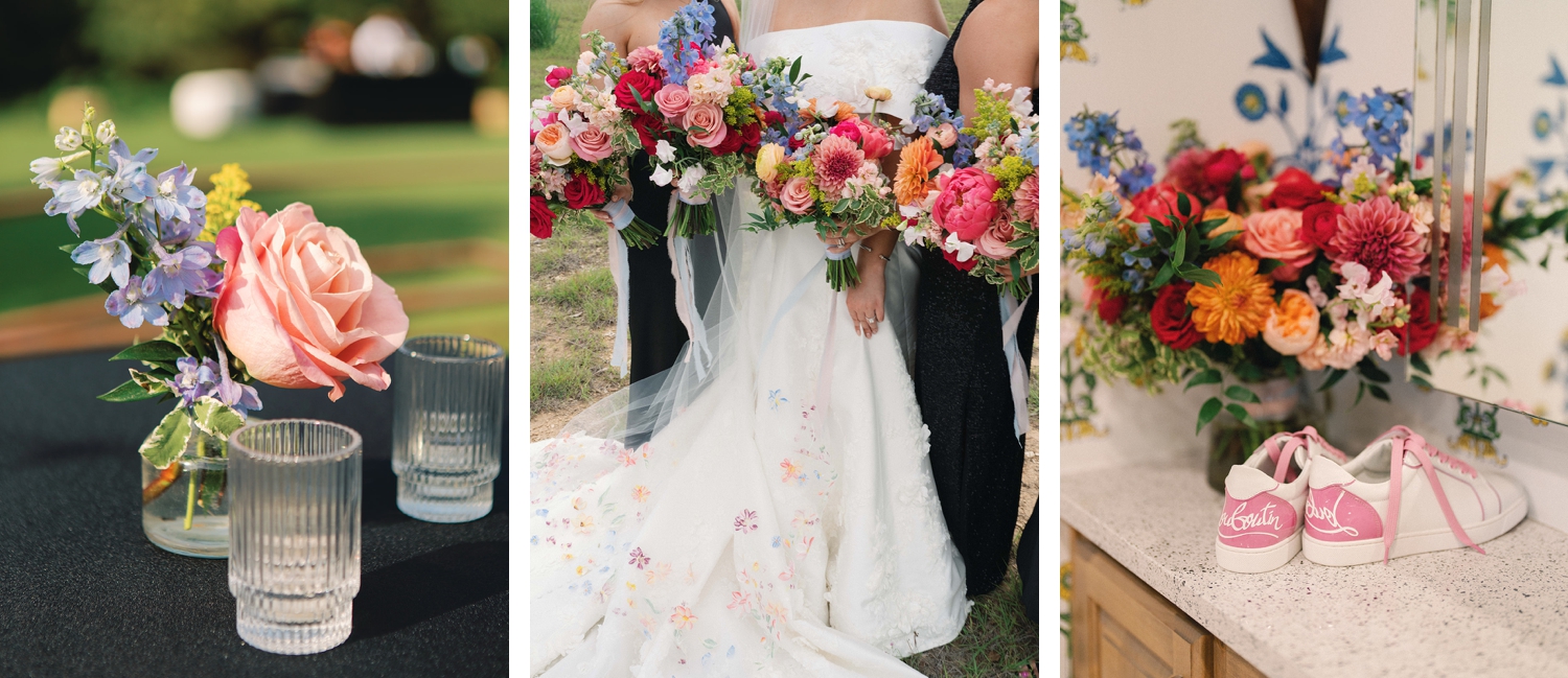 Pink wedding day color palette with pops of baby blue, orange and yellow. | Central Texas Floral Designer | Reiley and Rose