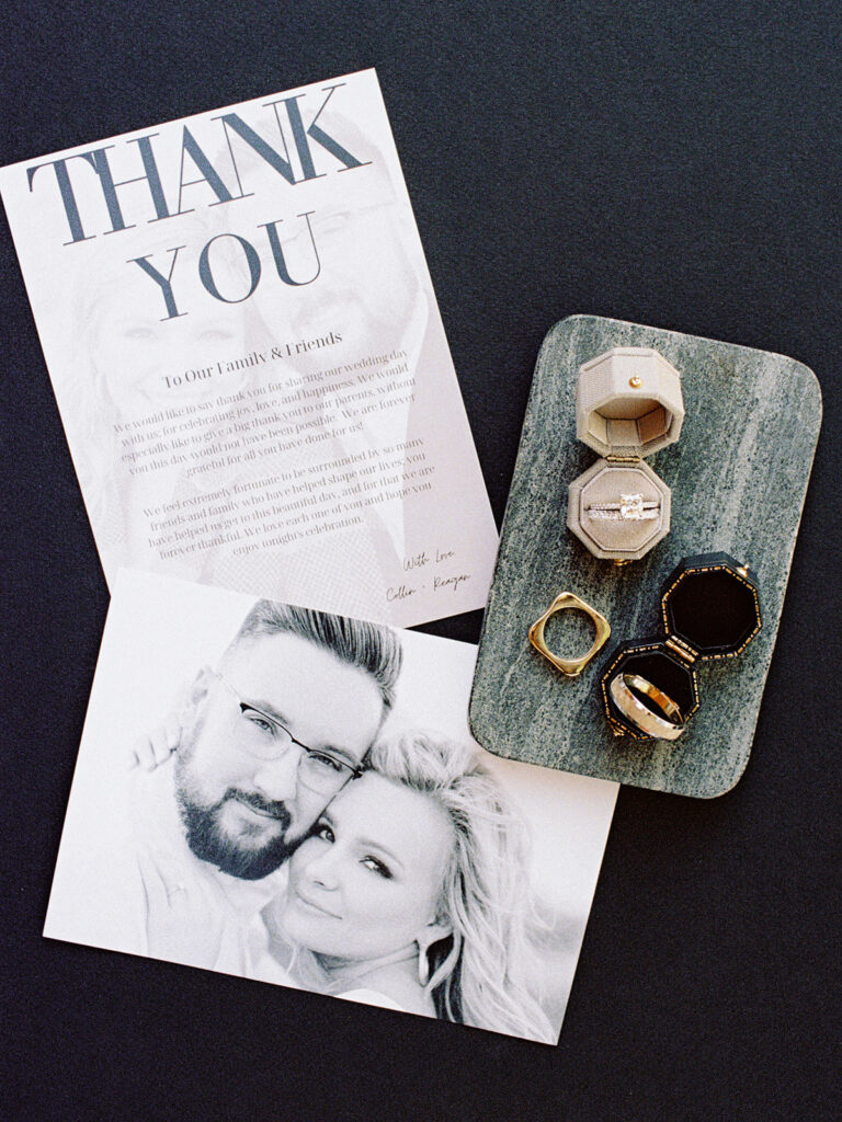 bride and groom thank you note with rings  | Chandelier of Gruene Wedding | Modern Black and White Chic Wedding | 