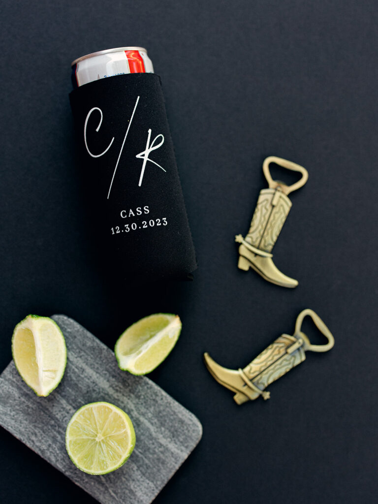 koozie and bottle opener  | Chandelier of Gruene Wedding | Modern Black and White Chic Wedding | 