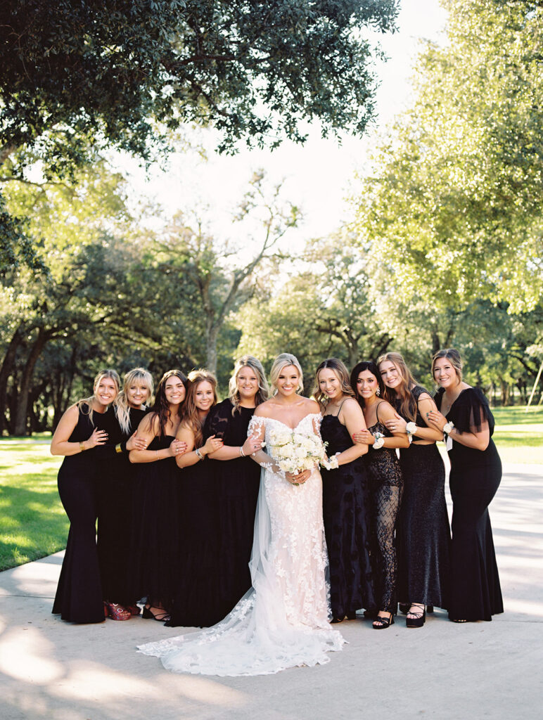 bride and her girls  | Chandelier of Gruene Wedding | Modern Black and White Chic Wedding | 