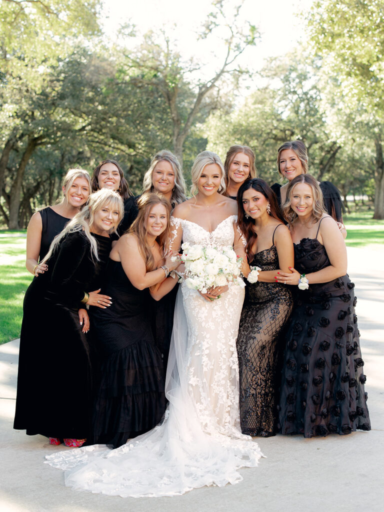 bride and her girls | Chandelier of Gruene Wedding | Modern Black and White Chic Wedding | 