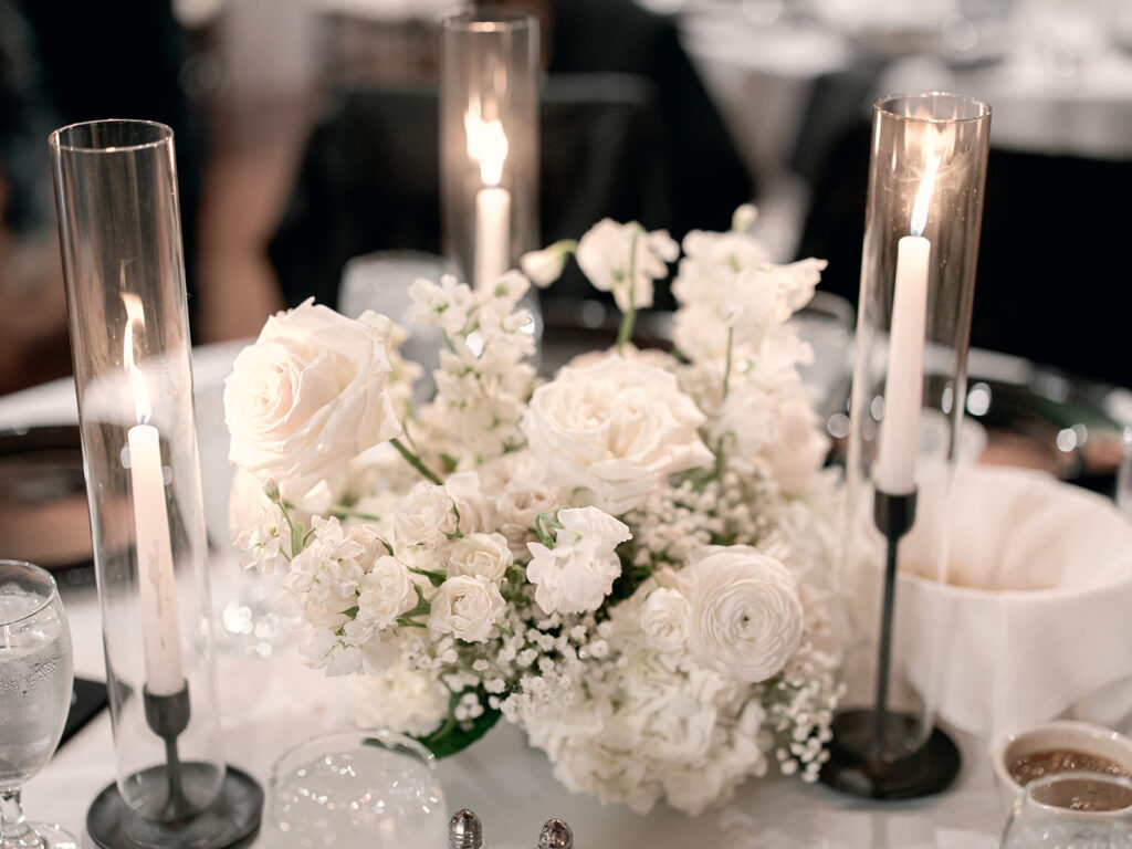 centerpiece with taper candles  | Chandelier of Gruene Wedding | Modern Black and White Chic Wedding | 