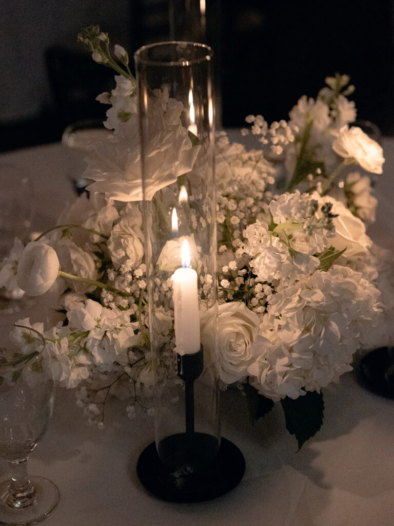 floral centerpiece  | Chandelier of Gruene Wedding | Modern Black and White Chic Wedding | 