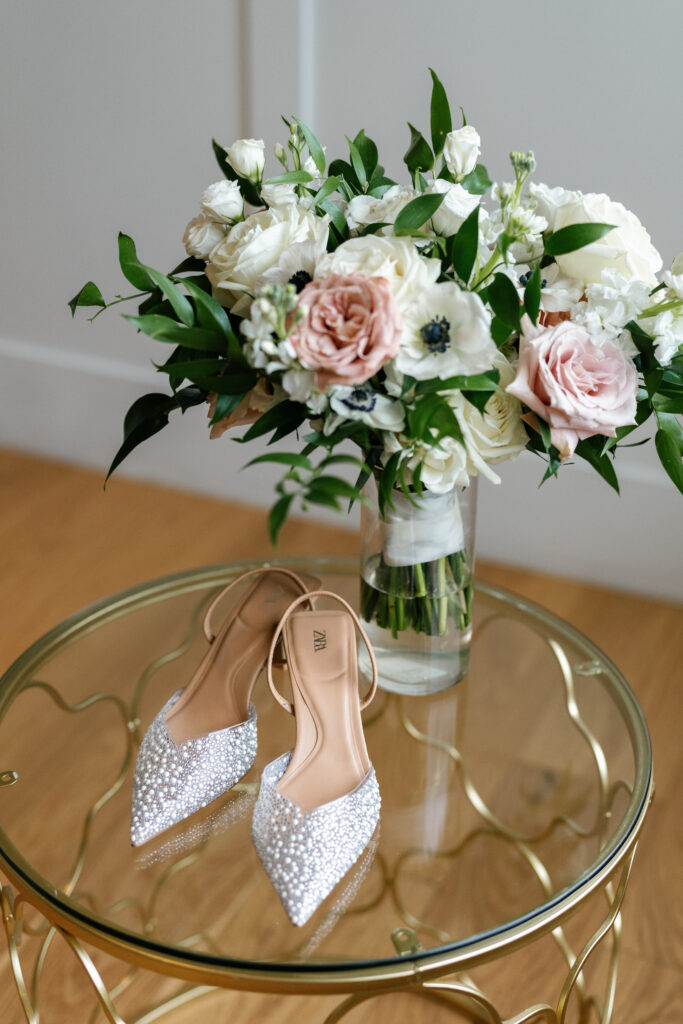 bridal bouquet with brides shoes
