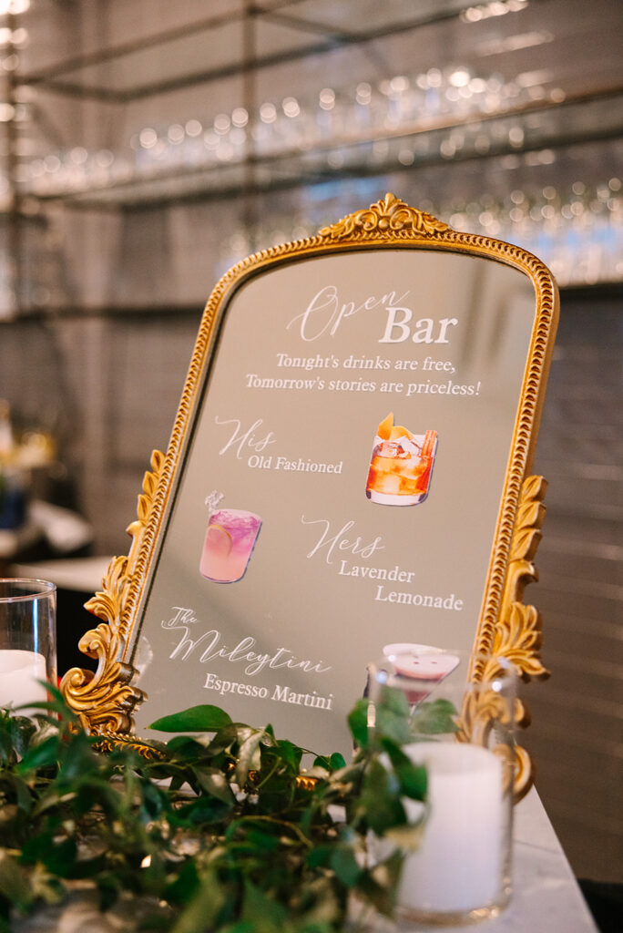 gold mirror bar menu Spring Hill Country Wedding Day
