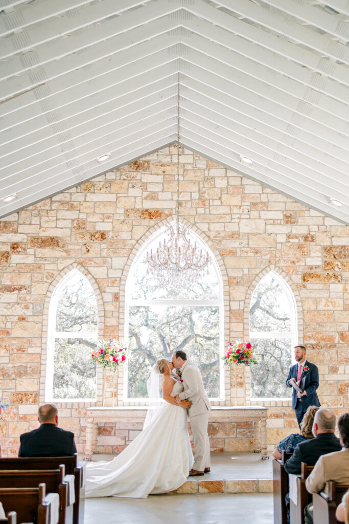 wedding chapel bride and groom spring wedding florals