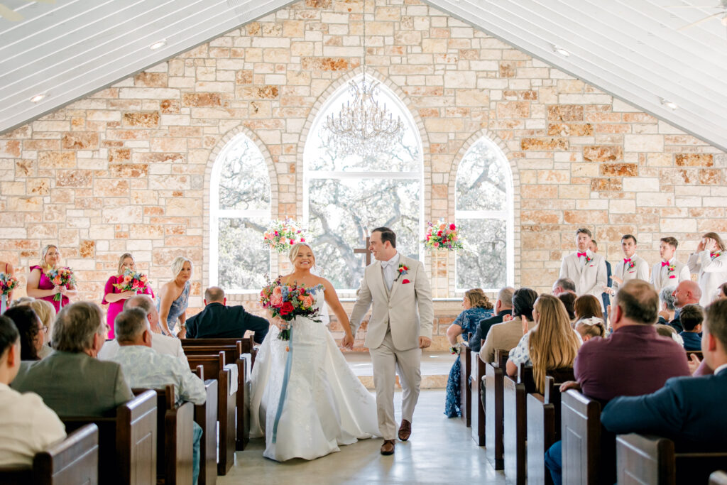 wedding chapel bride and groom texas hill country spring wedding florals