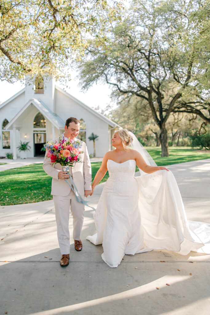 bride and groom wedding texas hill country chapel spring wedding florals