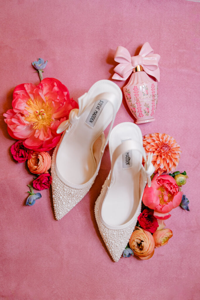flatlay flowers wedding shoes wedding perfume