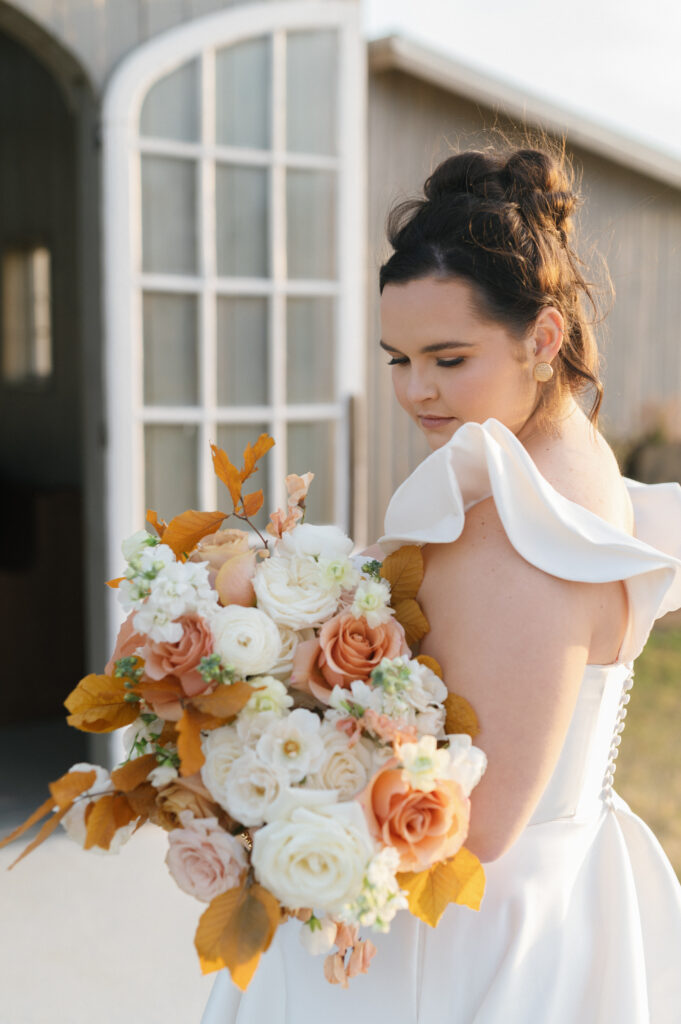 bride with fall bouquet, Fall Wedding at The Allen Farmhaus