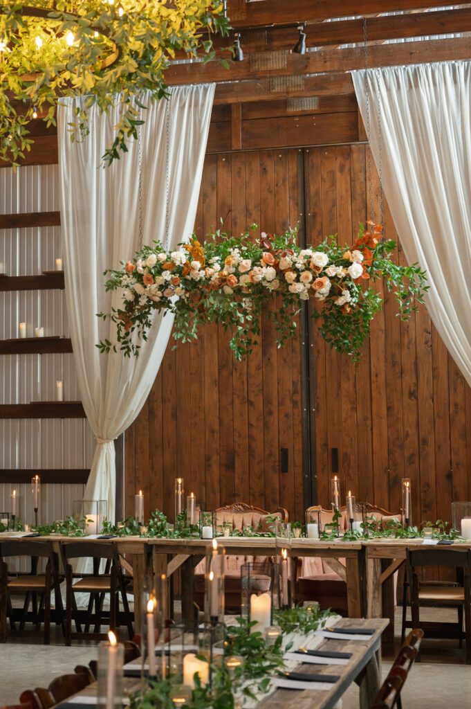 hanging floral installation, Fall Wedding at The Allen Farmhaus