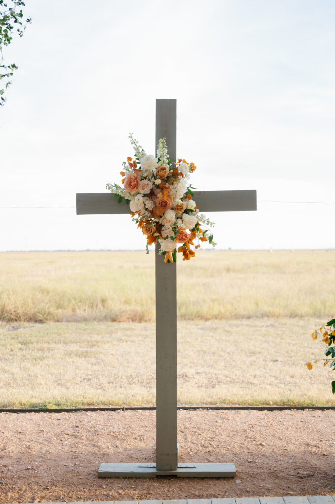 Fall Wedding at The Allen Farmhaus, cross ceremony flowers