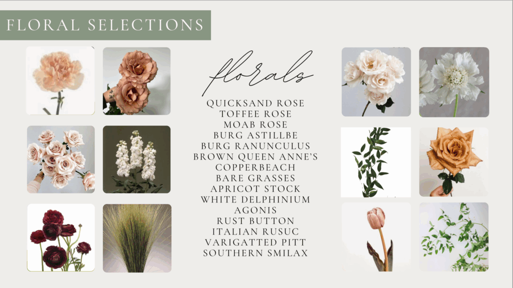 Floral selection for wedding based on bridesmaid gowns
