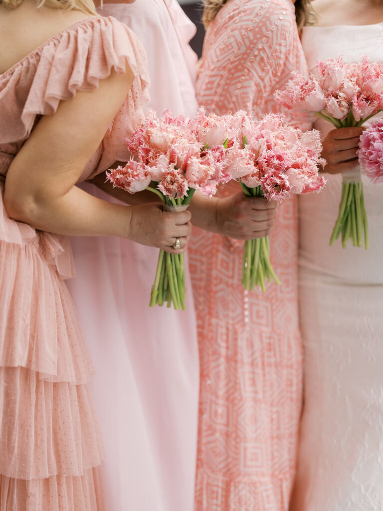 Pink fringe tulip bridesmaid bouquets