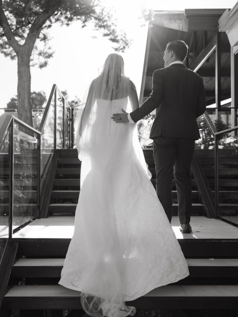 Black and white photo of newlyweds