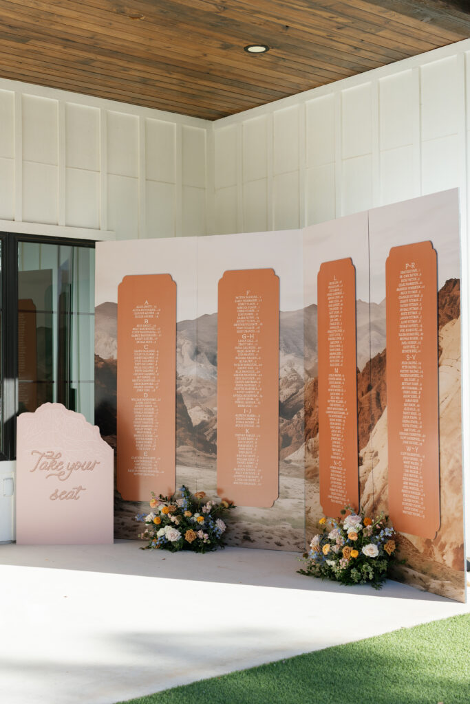 Unique western wedding seating chart with florals
